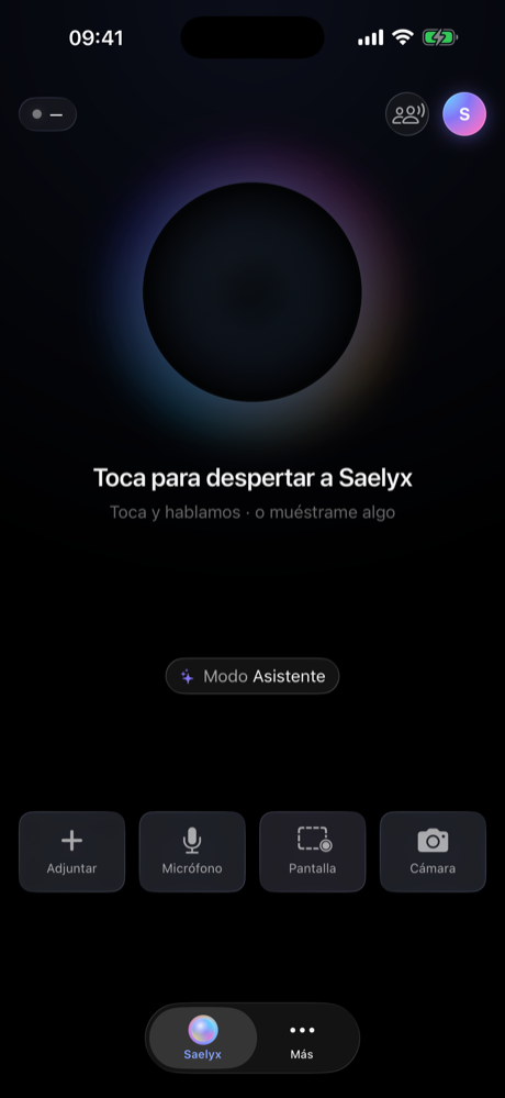 Saelyx en iPhone, pantalla de arranque: «Toca para despertar a Saelyx» y, en la fila de abajo, los botones de adjuntar, micrófono, pantalla y cámara.
